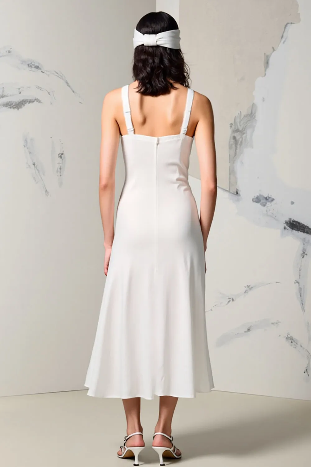 Ivory V-Neck Ruched Weding Guest Dress with Slit sold by Zapaka product image thumbnail 2