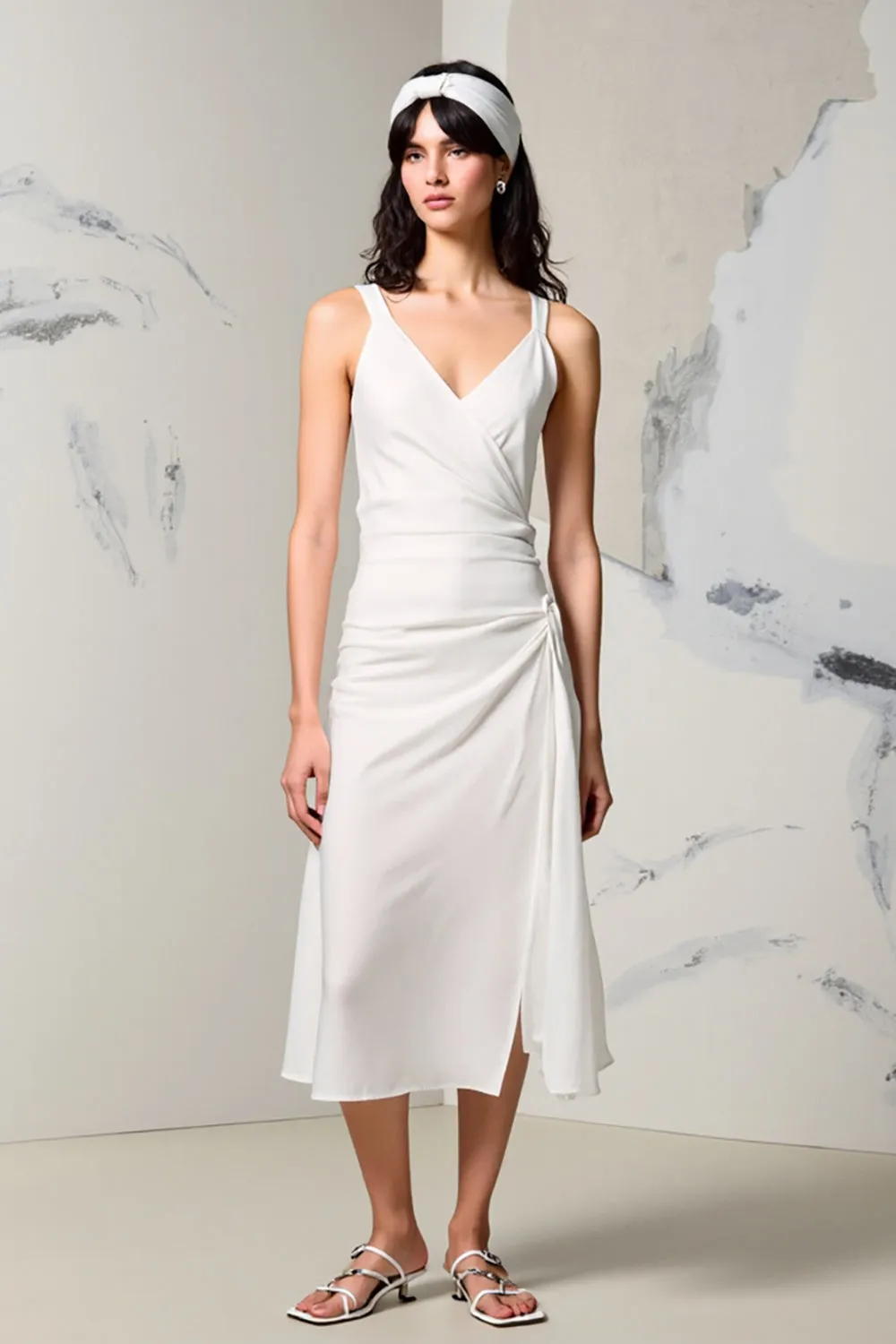 Ivory V-Neck Ruched Weding Guest Dress with Slit sold by Zapaka