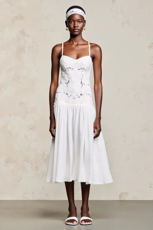 White A Line Midi Wedding Guest Dress with Lace sold by Zapaka