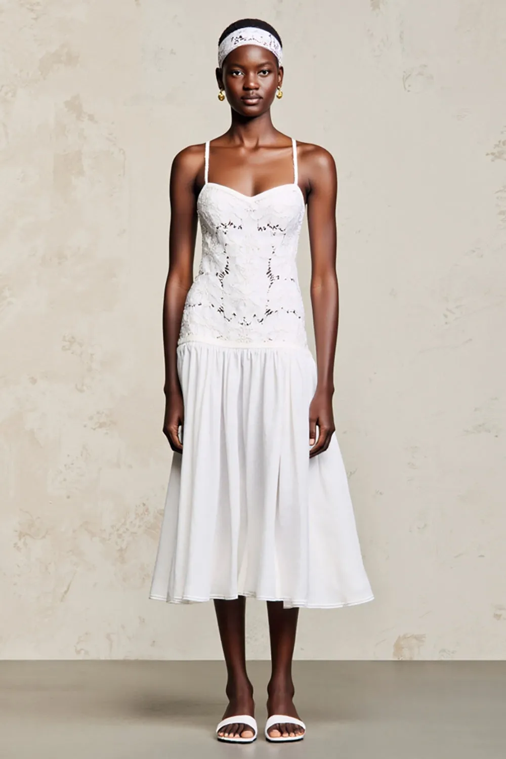 White A Line Midi Wedding Guest Dress with Lace sold by Zapaka