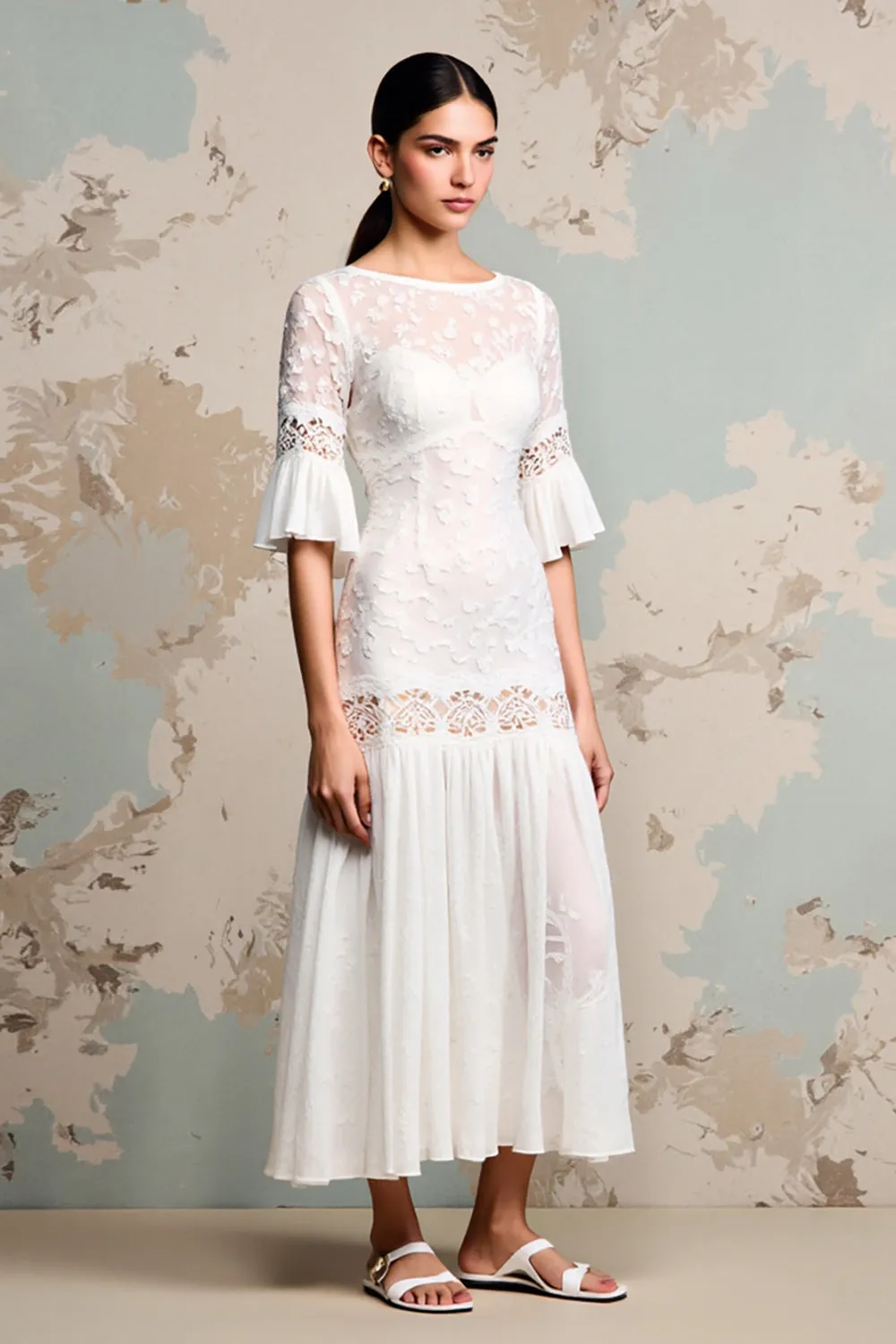 Ivory Lace A Line Long Wedding Guest Dress with Sleeves sold by Zapaka