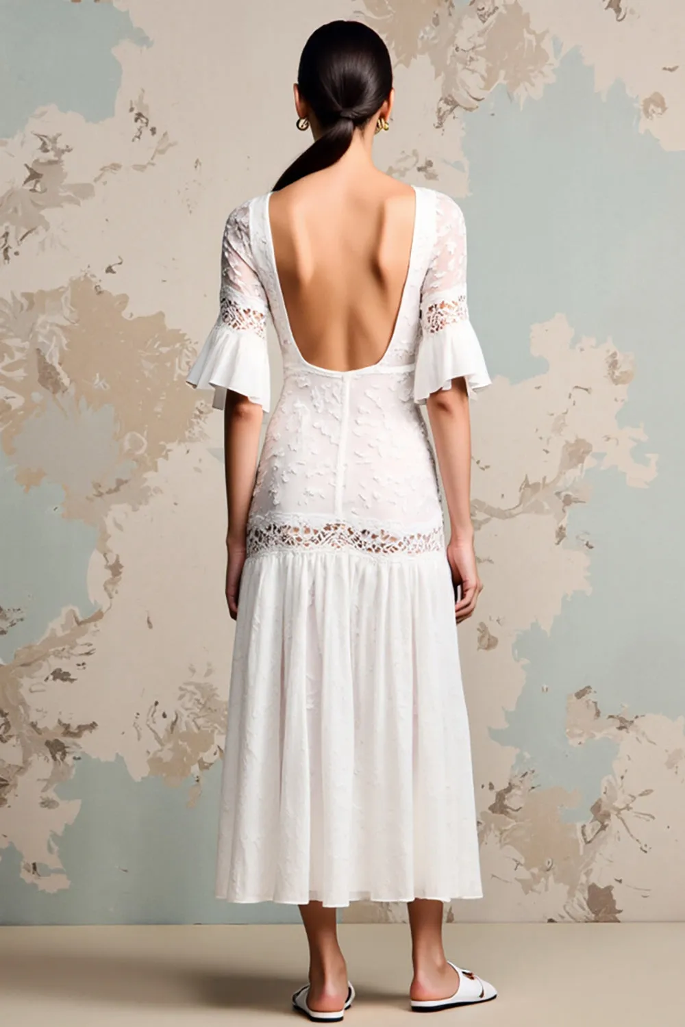 Ivory Lace A Line Long Wedding Guest Dress with Sleeves sold by Zapaka product image thumbnail 2