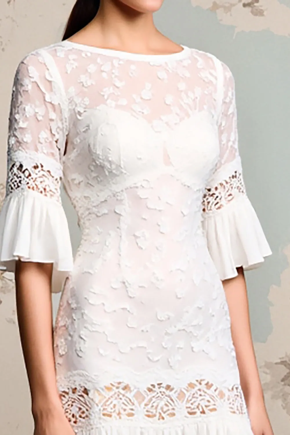 Ivory Lace A Line Long Wedding Guest Dress with Sleeves sold by Zapaka product image thumbnail 3