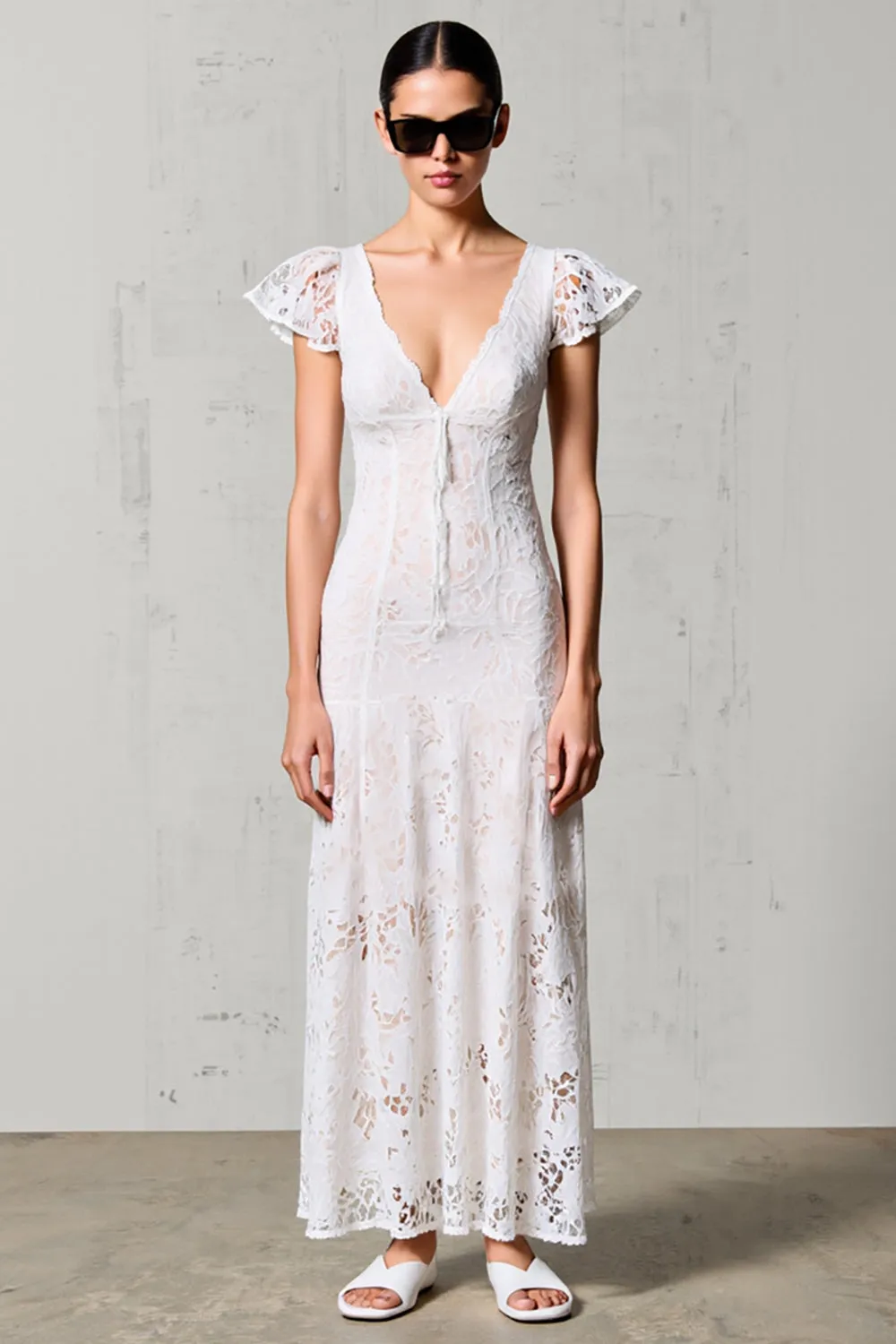 Lace White V-Neck Sheath Wedding Guest Dress sold by Zapaka