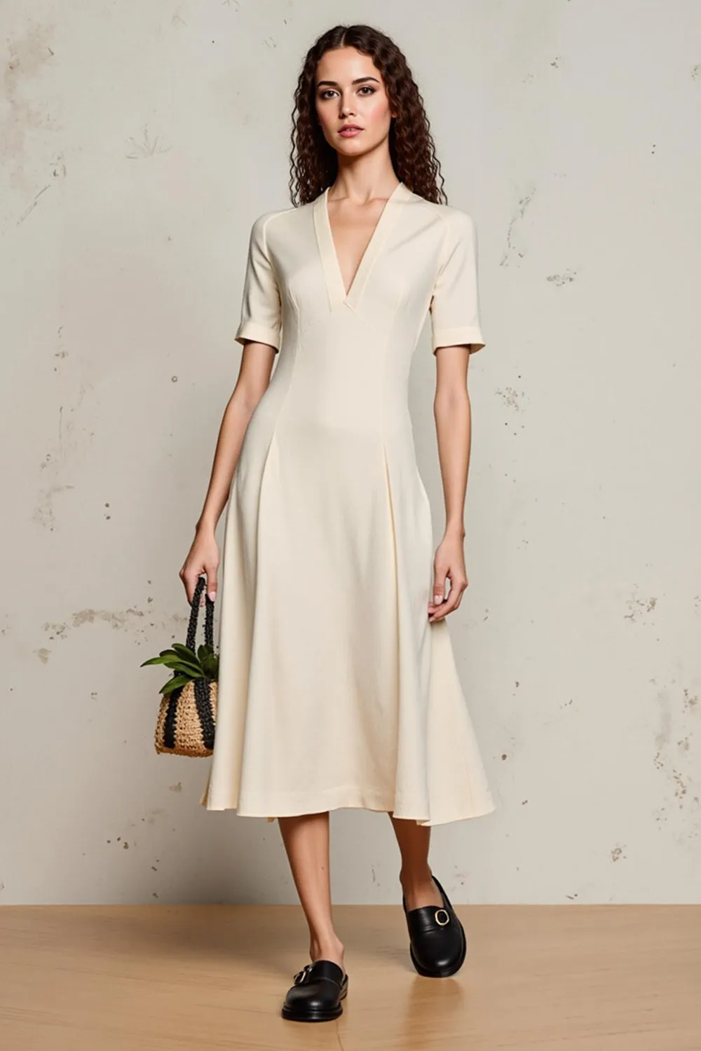 Ivory A Line V-Neck Midi Wedding Guest Dress with Sleeves sold by Zapaka
