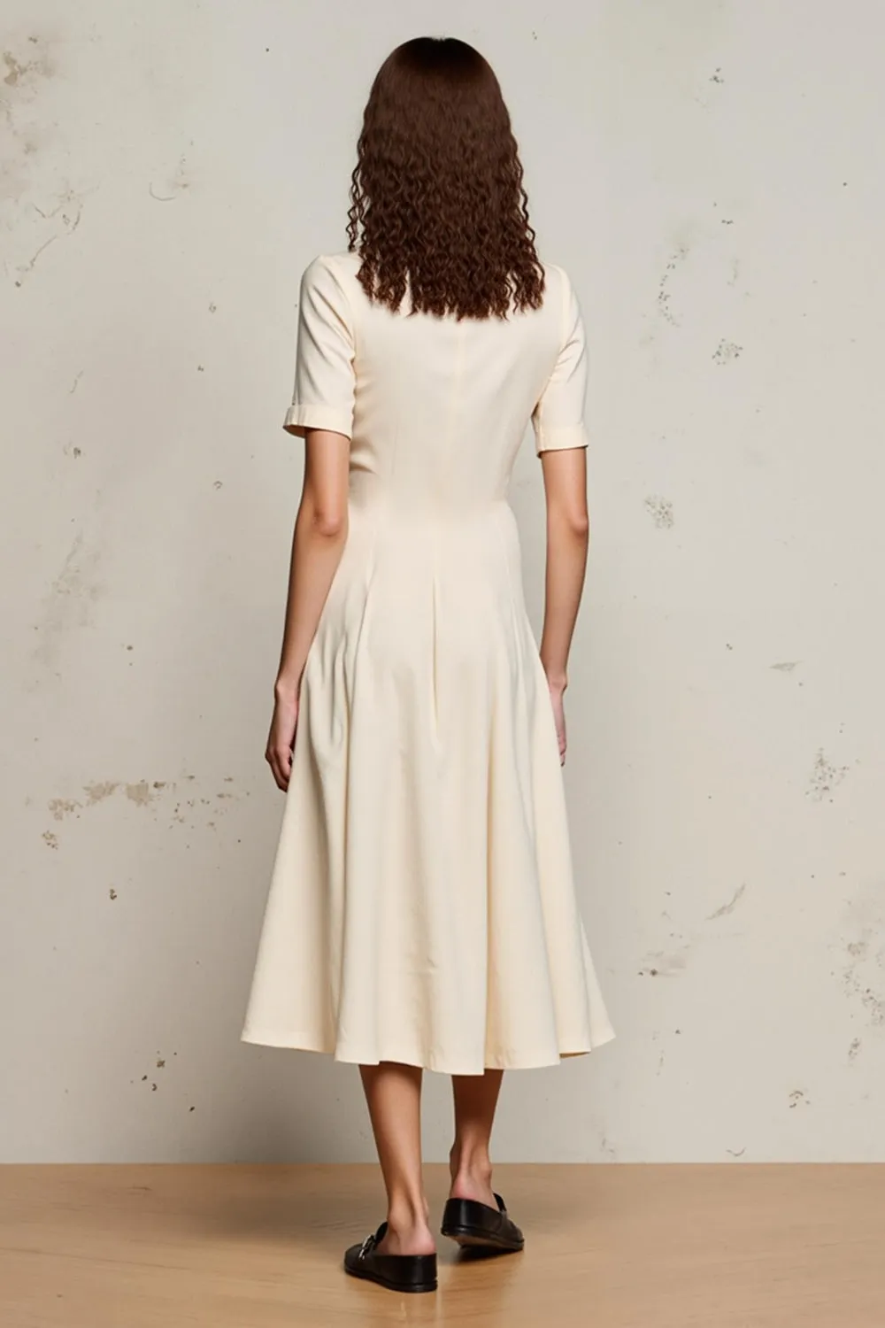 Ivory A Line V-Neck Midi Wedding Guest Dress with Sleeves sold by Zapaka product image thumbnail 2