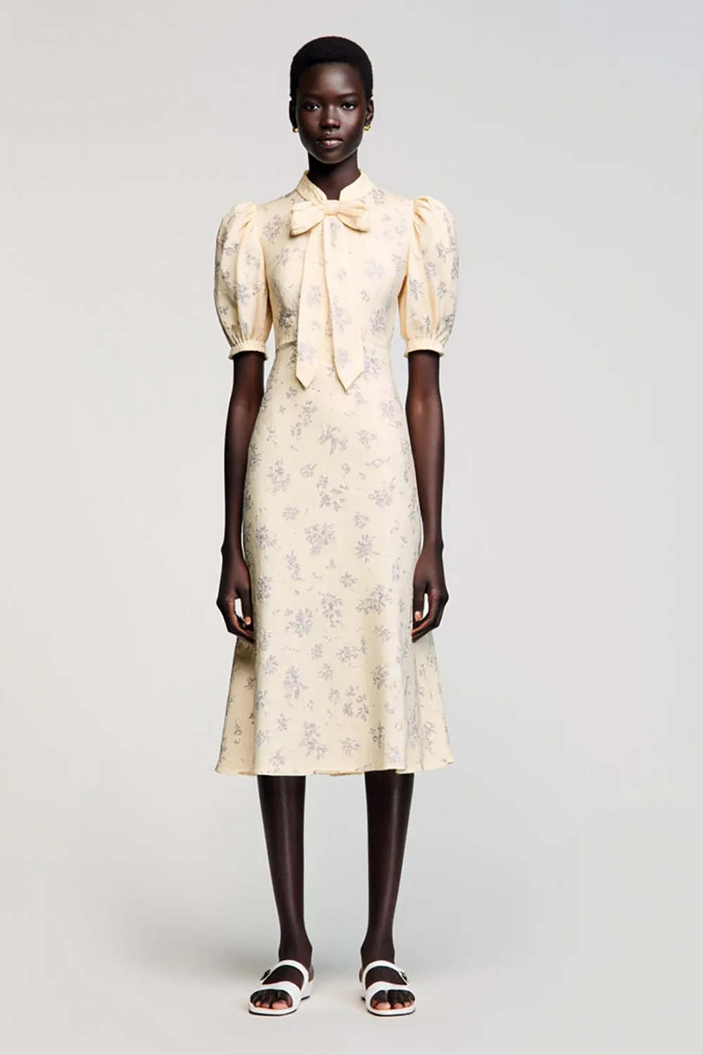 Ivory Satin Midi Wedding Guest Dress with Sleeves sold by Zapaka