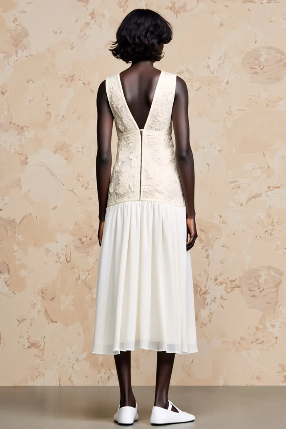 Ivory Sheath Long Wedding Guest Dress with Ruffles sold by Zapaka product image thumbnail 2