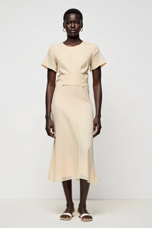 Apricot Sheath Midi Wedding Guest Dress with Lace sold by Zapaka