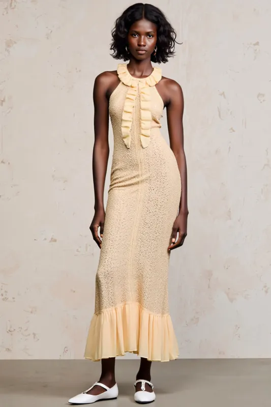 Apricot Sheath Halter Long Wedding Guest Dress sold by Zapaka