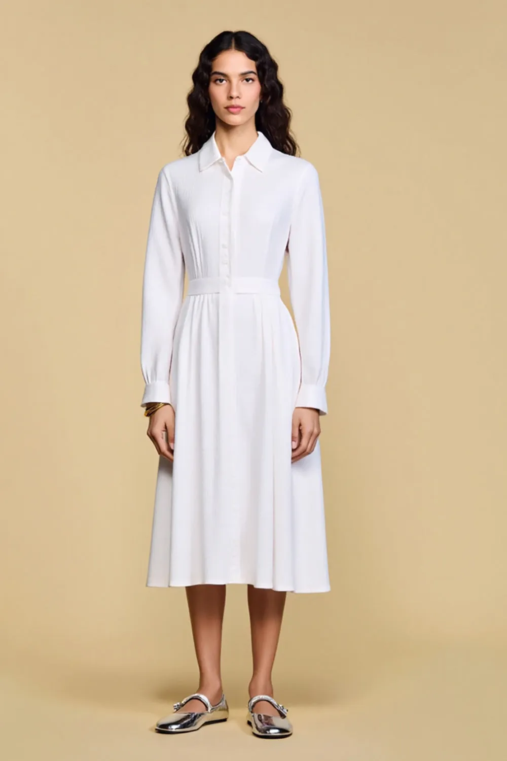 White A LIne Cllar Neck Long Wedding Guest Dress with Sleeves sold by Zapaka