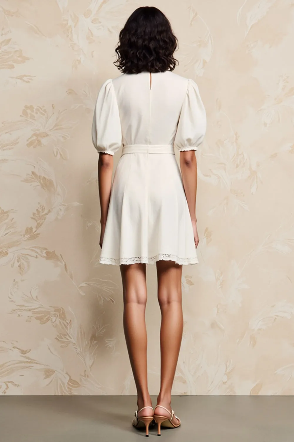 Ivory Lapel A Line Mini Wedding Guest Dress With Sash sold by Zapaka product image thumbnail 2