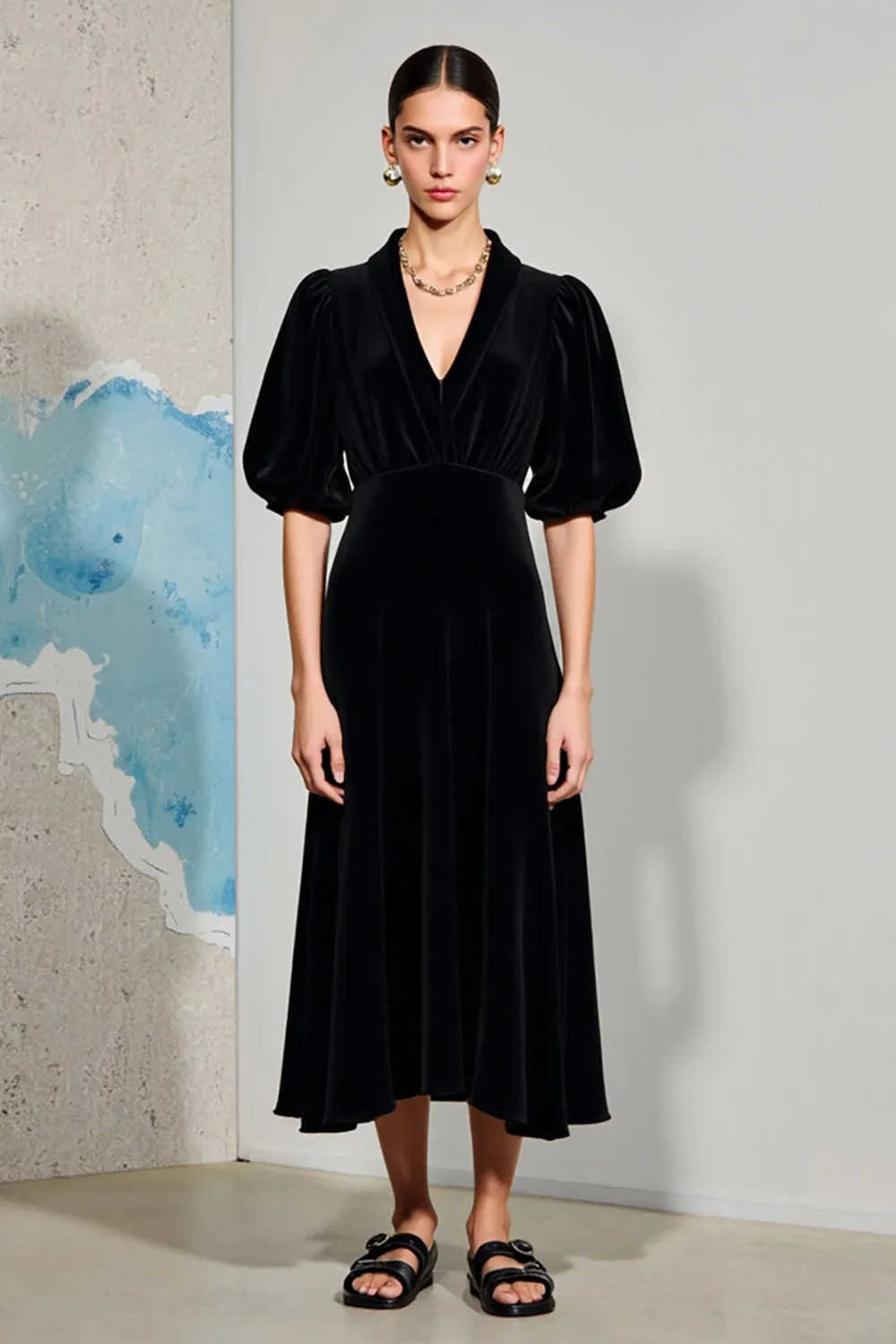 Puff Sleeve Black A Line V Neck Wedding Guest Dress sold by Zapaka