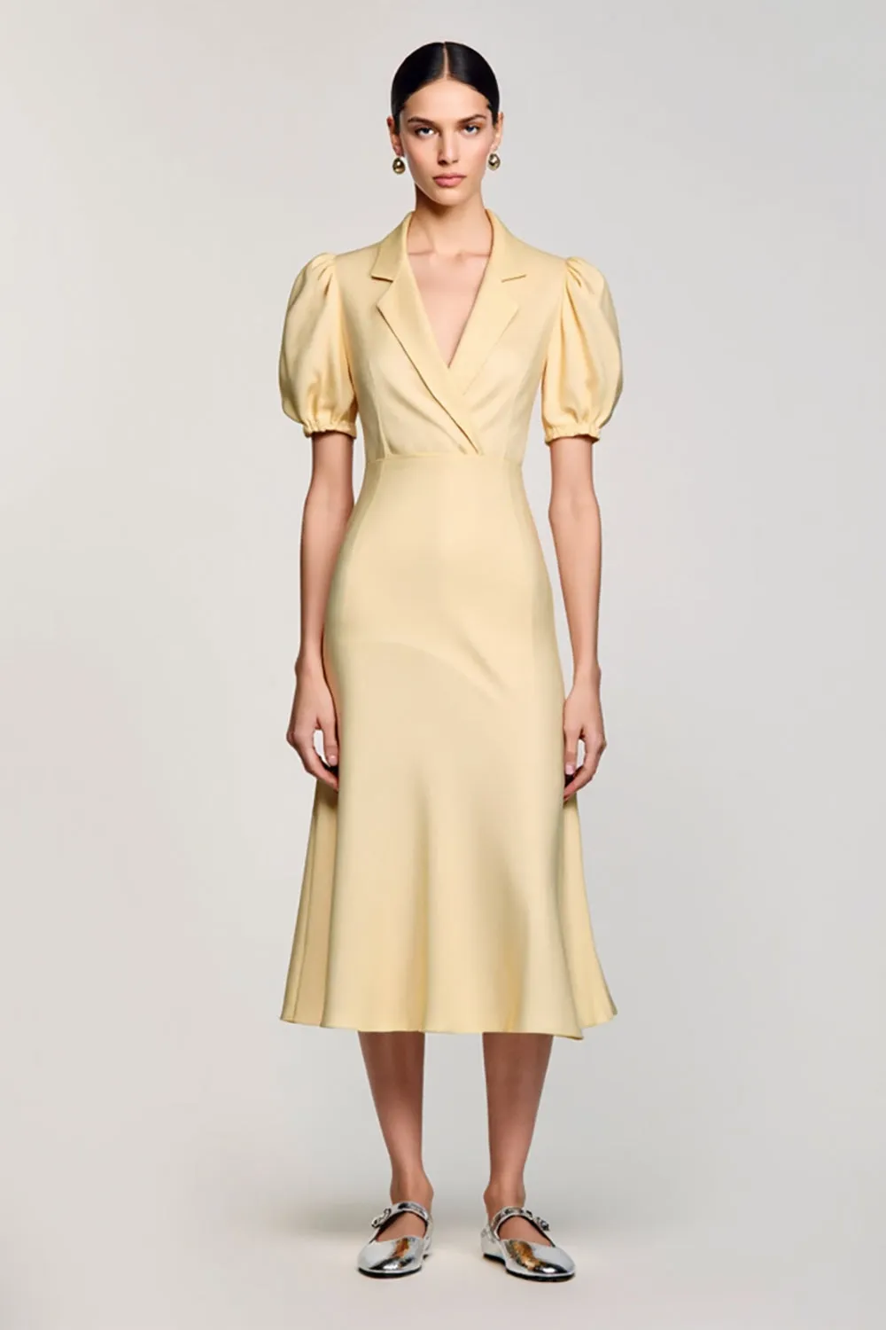 Yellow V Neck Short Sleeves Wedding Guest Dress sold by Zapaka