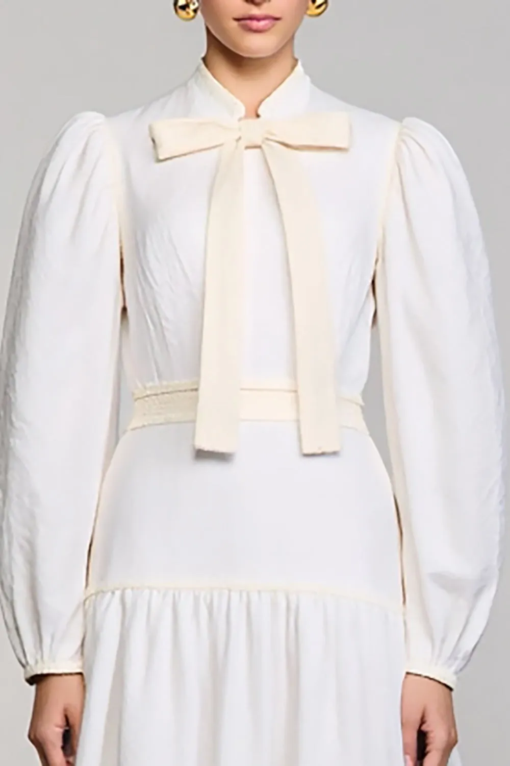 Long Sleeve High Neck White Wedding Guest Dress With Bow sold by Zapaka product image thumbnail 3