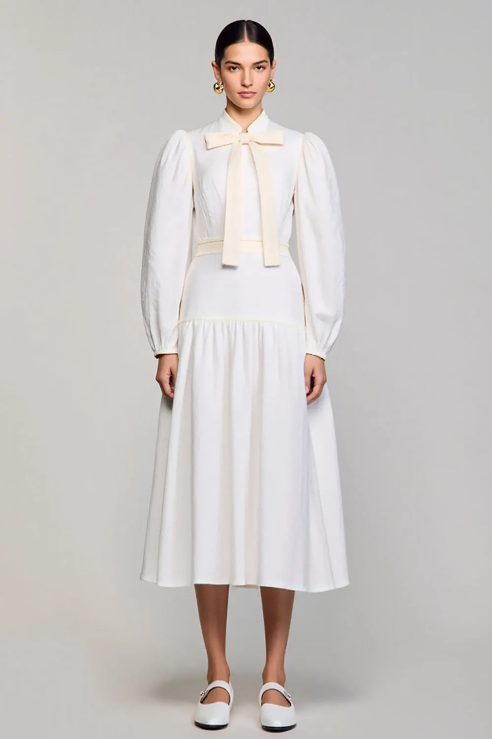 Long Sleeve High Neck White Wedding Guest Dress With Bow sold by Zapaka