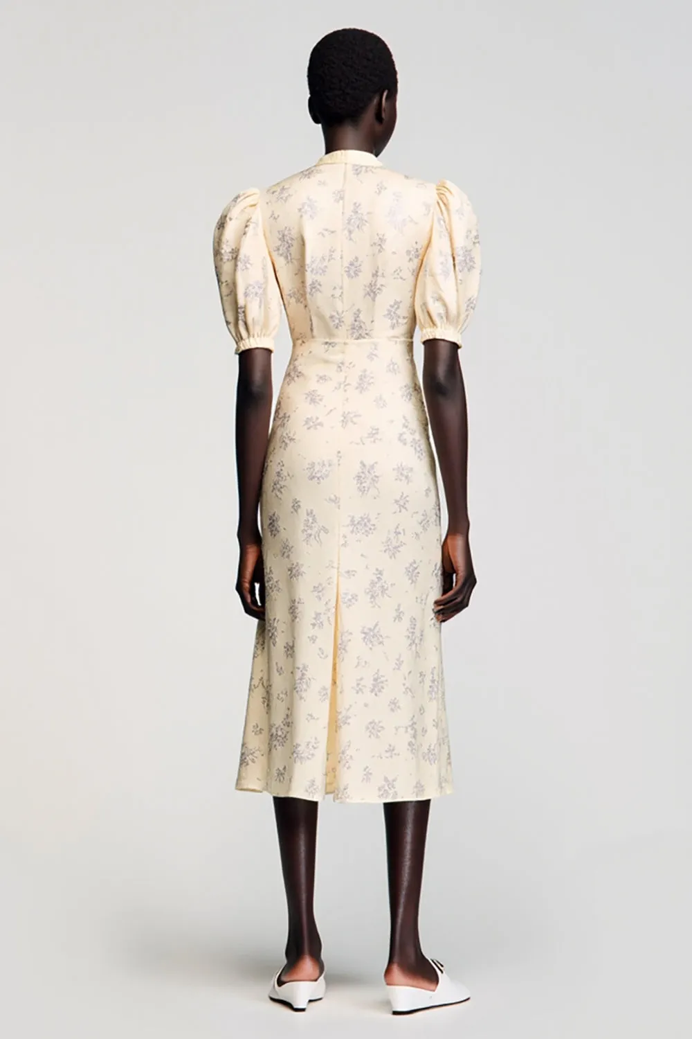 A Line High Neck Apricot Printed Wedding Guest Dress With Bow sold by Zapaka