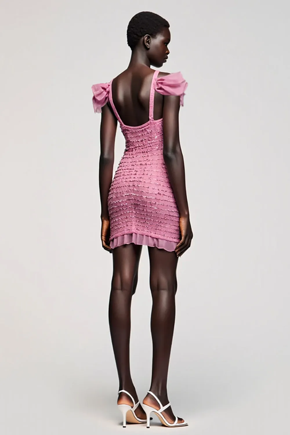 Pink Jacquard Cold Shoulder Sheath Mini Wedding Guest Dress sold by Zapaka product image thumbnail 2