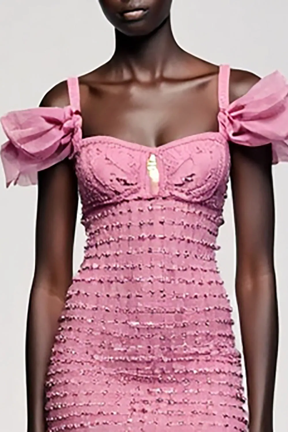 Pink Jacquard Cold Shoulder Sheath Mini Wedding Guest Dress sold by Zapaka product image thumbnail 3