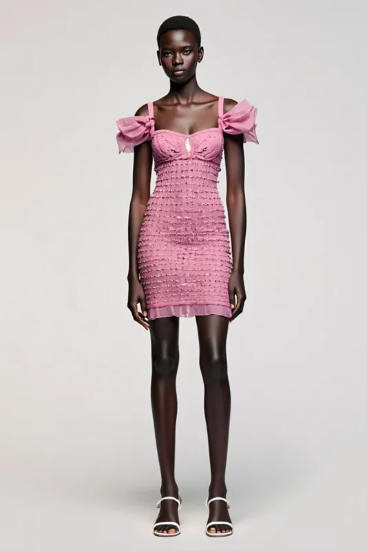 Pink Jacquard Cold Shoulder Sheath Mini Wedding Guest Dress sold by Zapaka