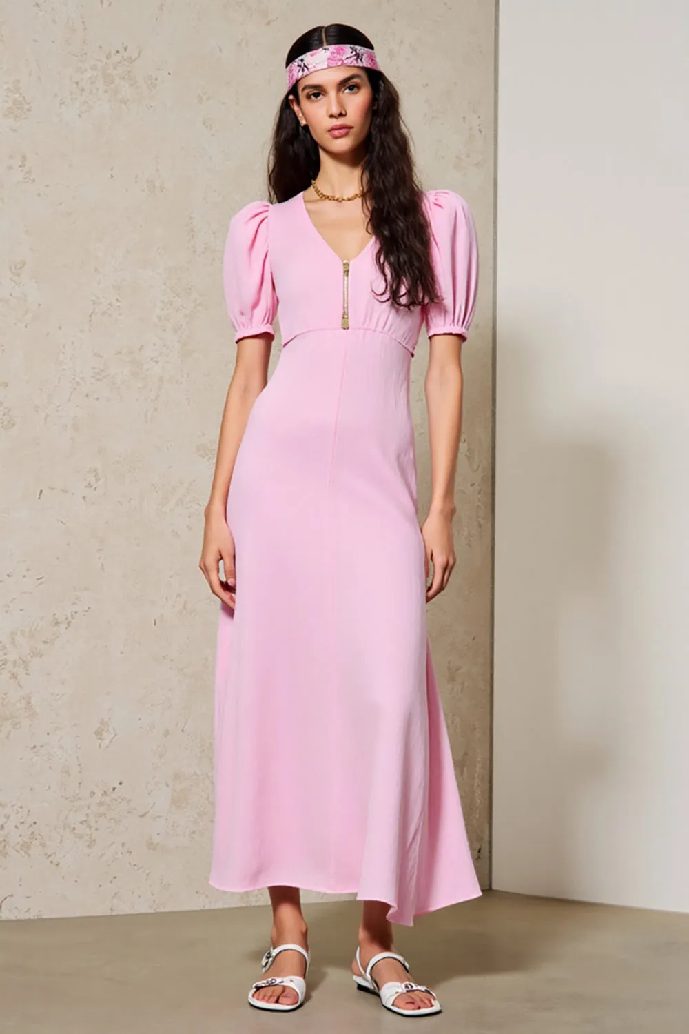 Pink A Line V Neck Long Wedding Guest Dress sold by Zapaka