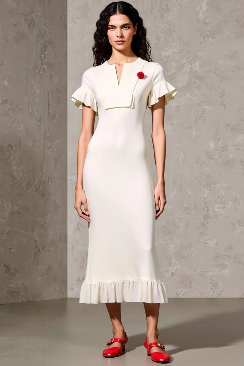Sheath Ruffled Ivory Midi Wedding Guest Dress sold by Zapaka
