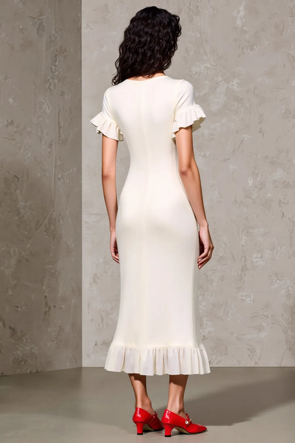 Sheath Ruffled Ivory Midi Wedding Guest Dress sold by Zapaka product image thumbnail 2