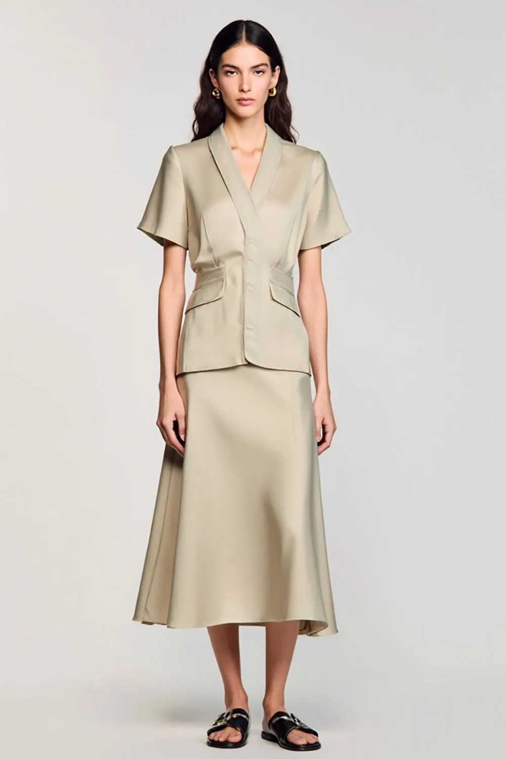 Shawl Lapel A Line Two Piece Grey Wedding Guest Dress sold by Zapaka