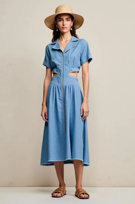 Blue Notched Lapel A Line Cut Out Wedding Guest Dress sold by Zapaka