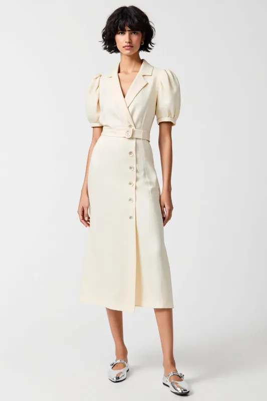 Cotton Ivory Notched Lapel Sheath Wedding Guest Dress sold by Zapaka
