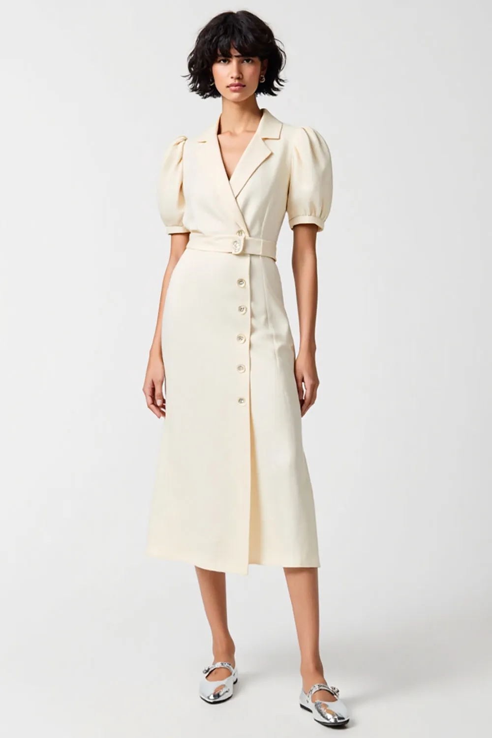 Cotton Ivory Notched Lapel Sheath Wedding Guest Dress sold by Zapaka