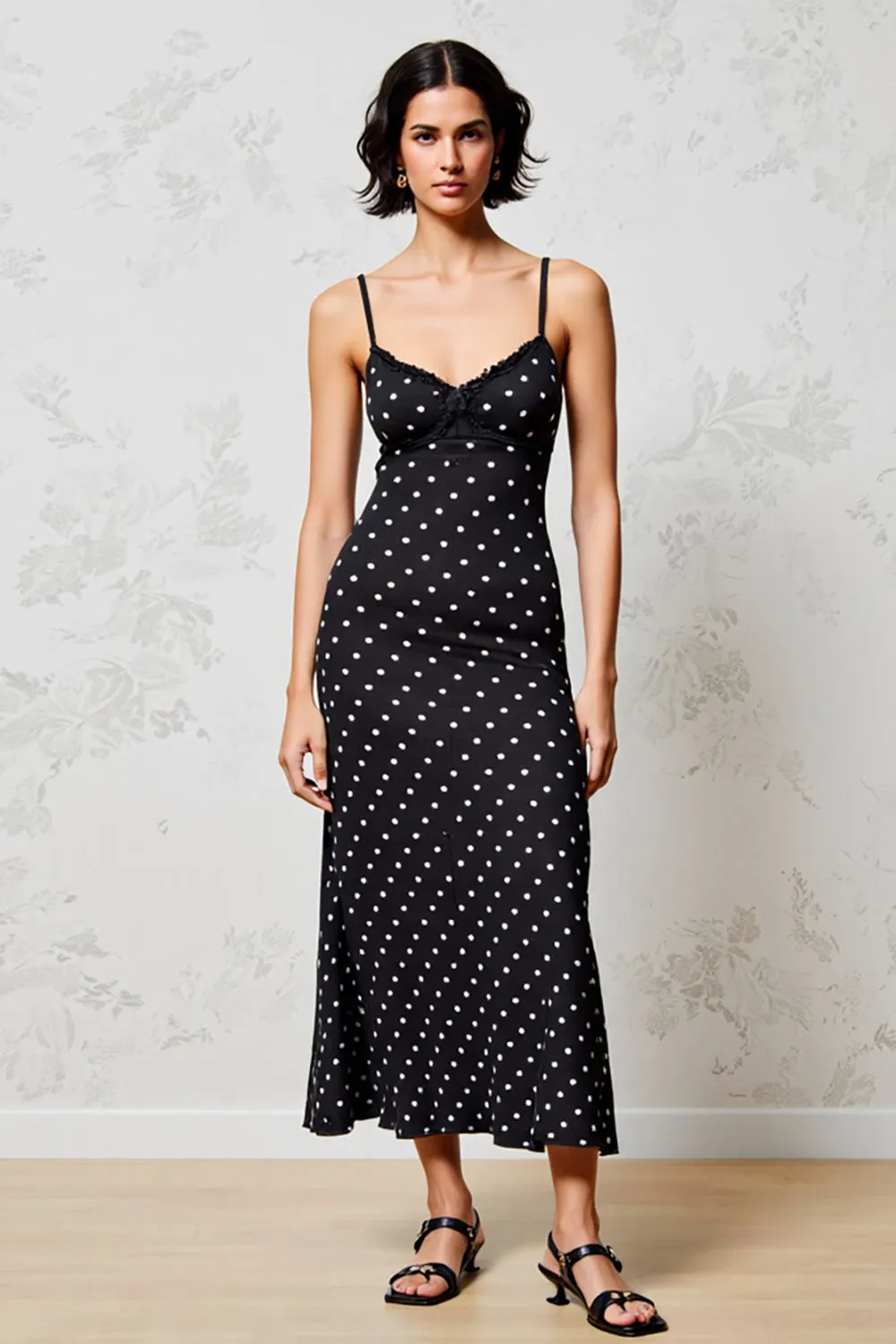 Black A Line Polka Dot Spaghetti Straps Wedding Guest Dress sold by Zapaka