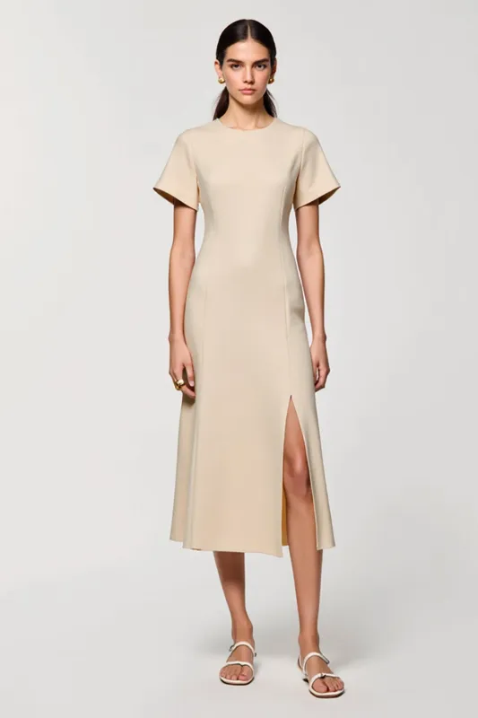 Apricot Sheath Midi Wedding Guest Dress with Slit sold by Zapaka