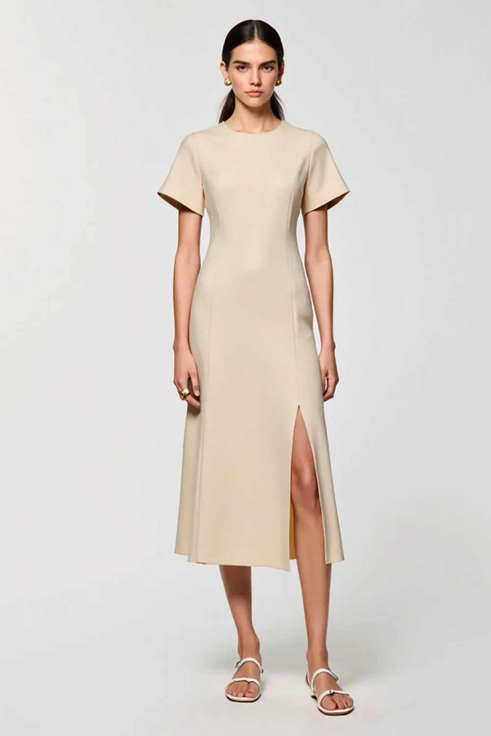 Apricot Sheath Midi Wedding Guest Dress with Slit sold by Zapaka