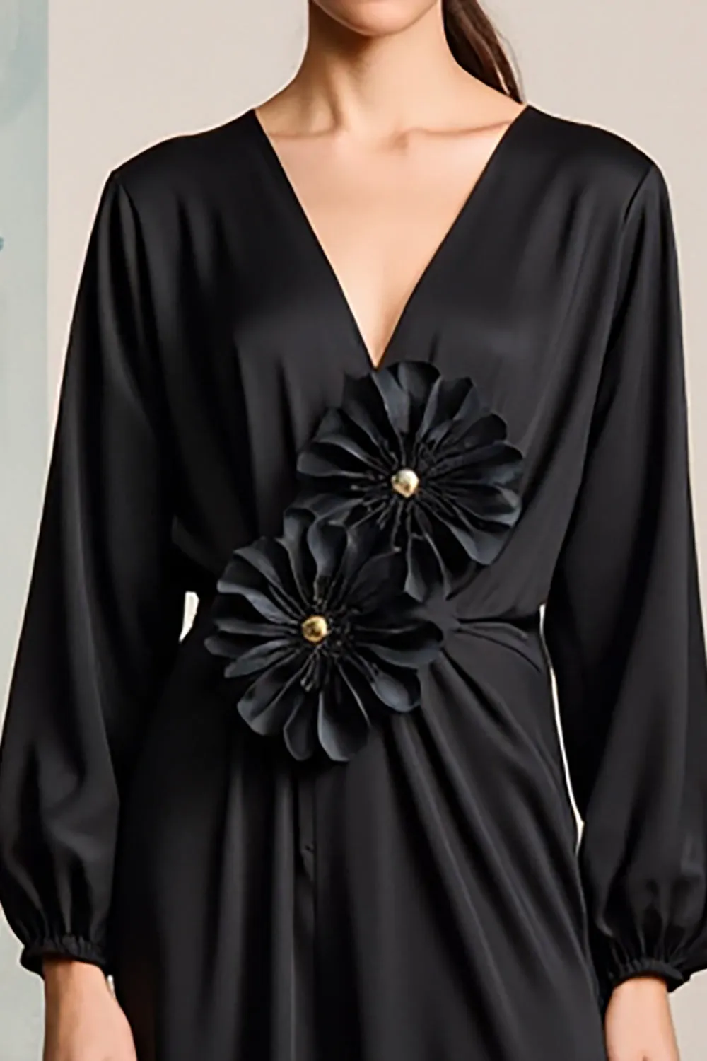 Black Satin Long Sleeves Wedding Guest Dress with 3D Flowers sold by Zapaka product image thumbnail 3