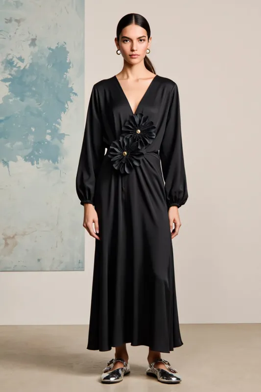 Black Satin Long Sleeves Wedding Guest Dress with 3D Flowers sold by Zapaka