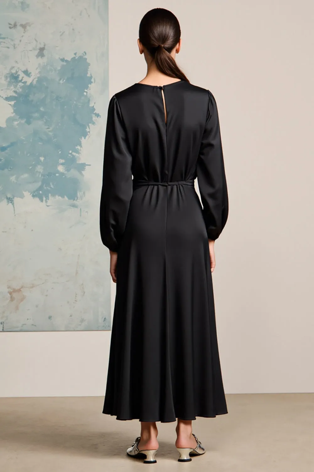 Black Satin Long Sleeves Wedding Guest Dress with 3D Flowers sold by Zapaka product image thumbnail 2
