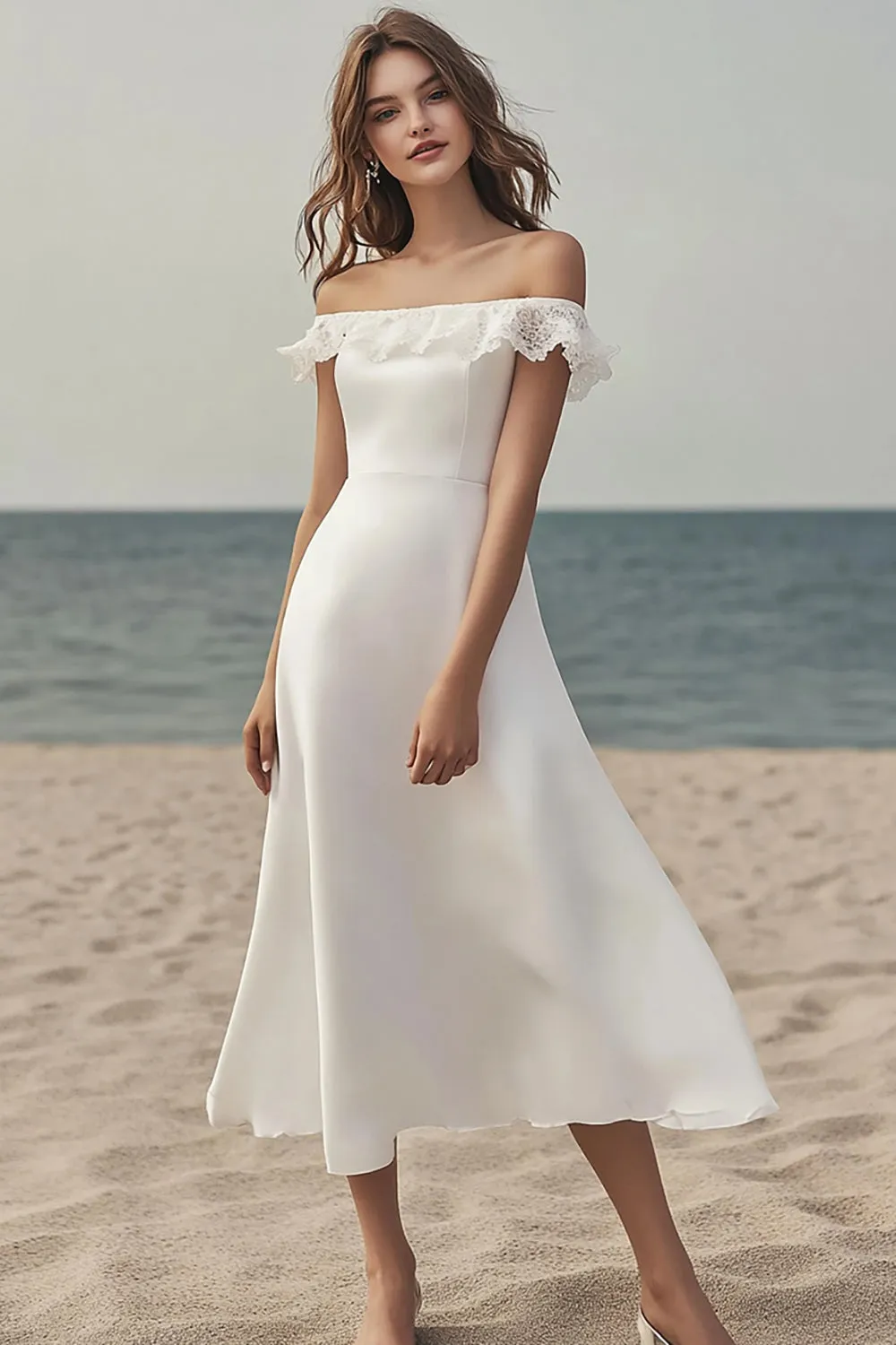 Ivory A Line Off the Shoulder Midi Engagement Dress with Lace sold by Zapaka