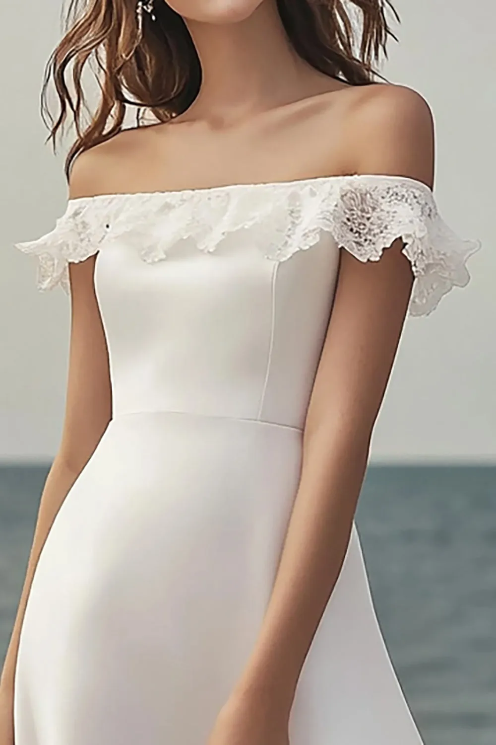 Ivory A Line Off the Shoulder Midi Engagement Dress with Lace sold by Zapaka product image thumbnail 2