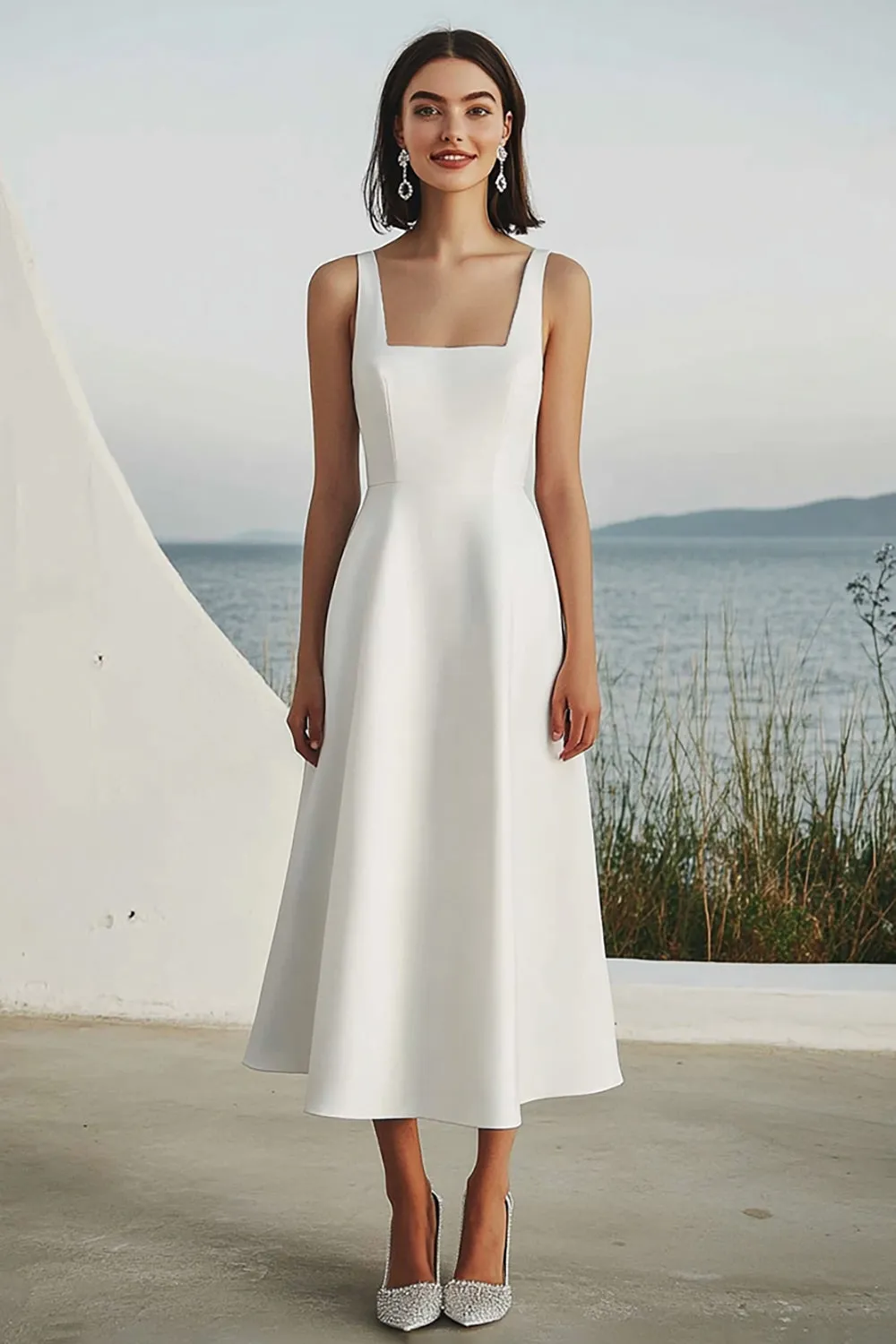 Ivory A Line Satin Square Neck Midi Engagement Dress sold by Zapaka