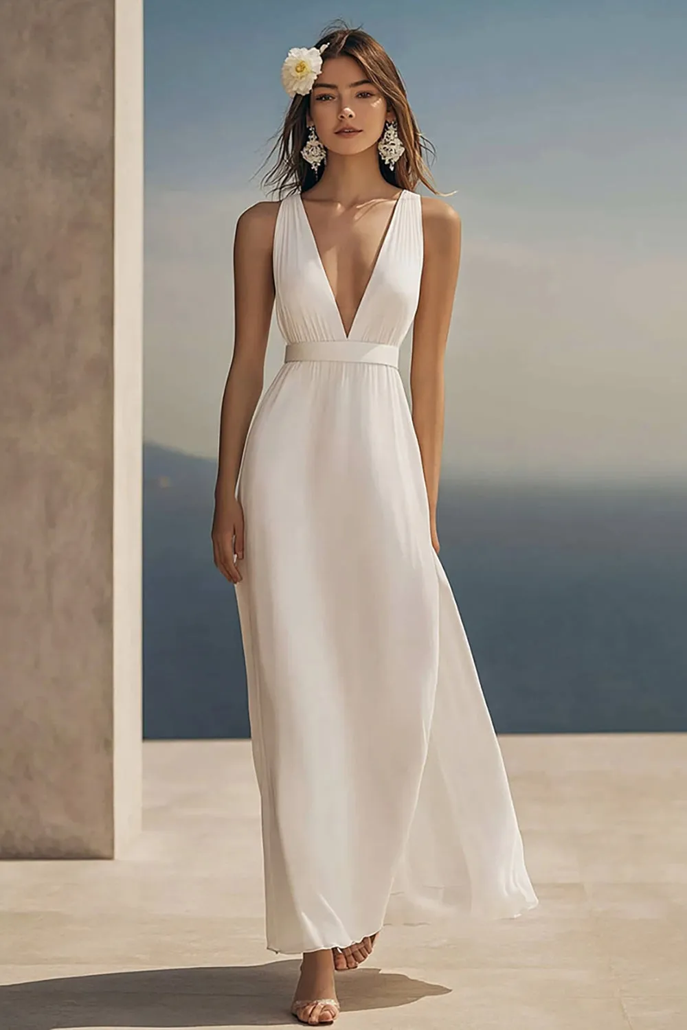 Simple Ivory Deep V-Neck Long Engagement Dress with Belt sold by Zapaka