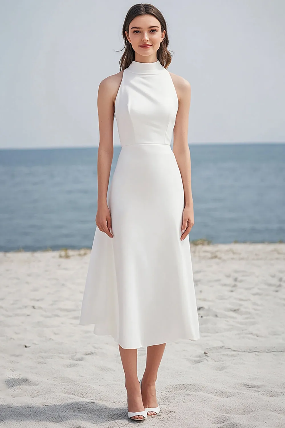 Simple Ivory High Neck Satin Midi Engagement Dress sold by Zapaka