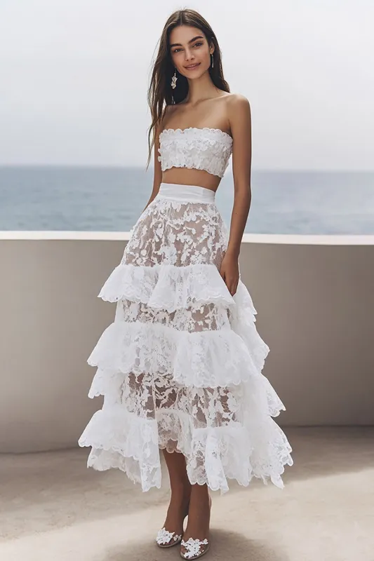 Ivory Strapless Lace Midi Engagement Dress with Ruffled sold by Zapaka