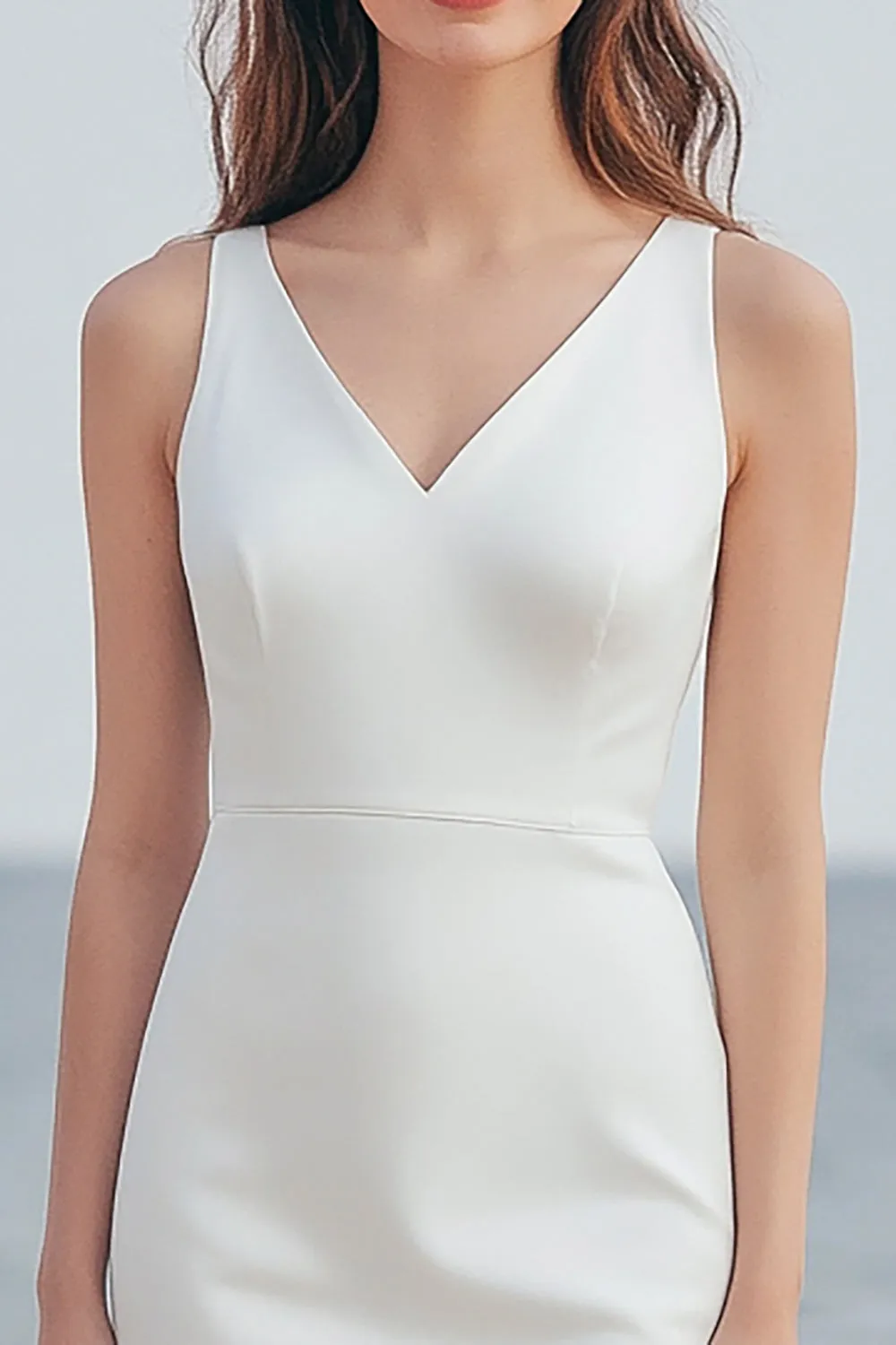 Ivory V-Neck Simple Long Engagement Dress with Slit sold by Zapaka product image thumbnail 2