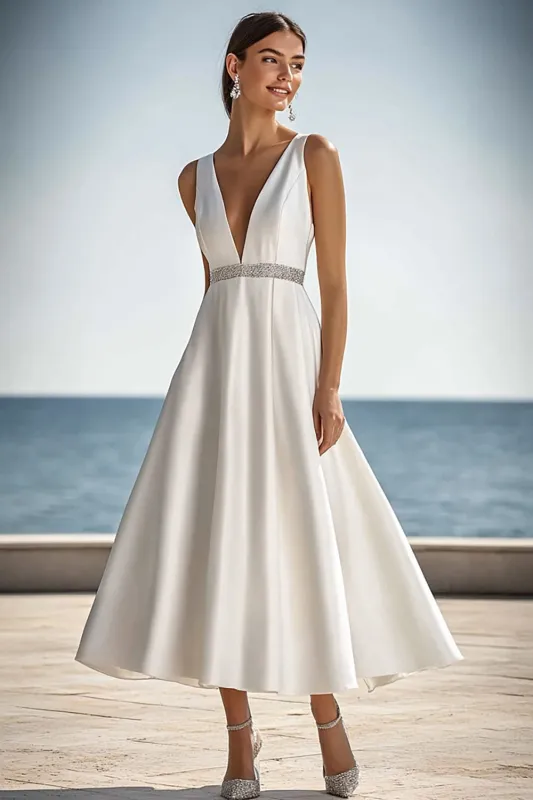 Ivory Deep V-Neck Midi A Line Engagement Dress sold by Zapaka