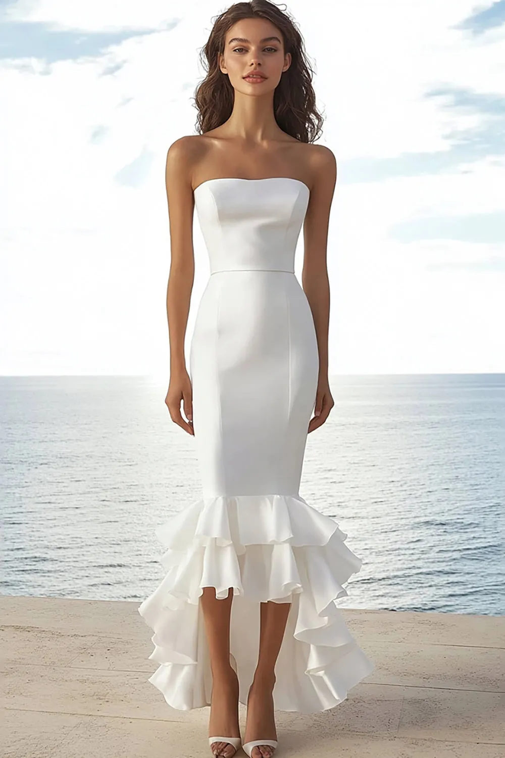 Ivory Strapless Stain High-Low Engagement Dress with Ruffles sold by Zapaka