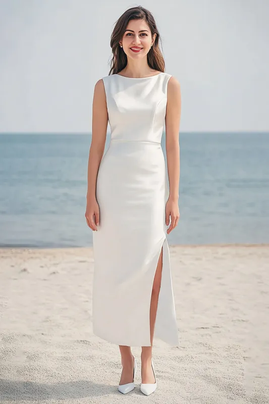 Ivory Boat Neck Satin Long Engagement Dress with Slit sold by Zapaka