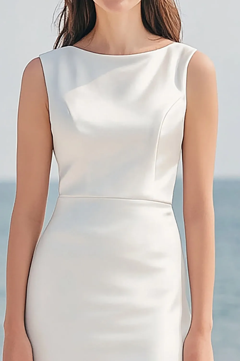 Ivory Boat Neck Satin Long Engagement Dress with Slit sold by Zapaka product image thumbnail 2