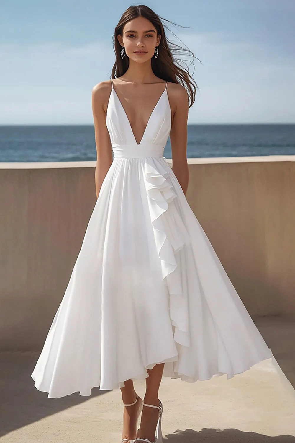 Ivory Deep V-Neck Satin Long Engagement Dress with Ruffles sold by Zapaka
