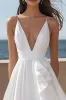 Ivory Deep V-Neck Satin Long Engagement Dress with Ruffles sold by Zapaka